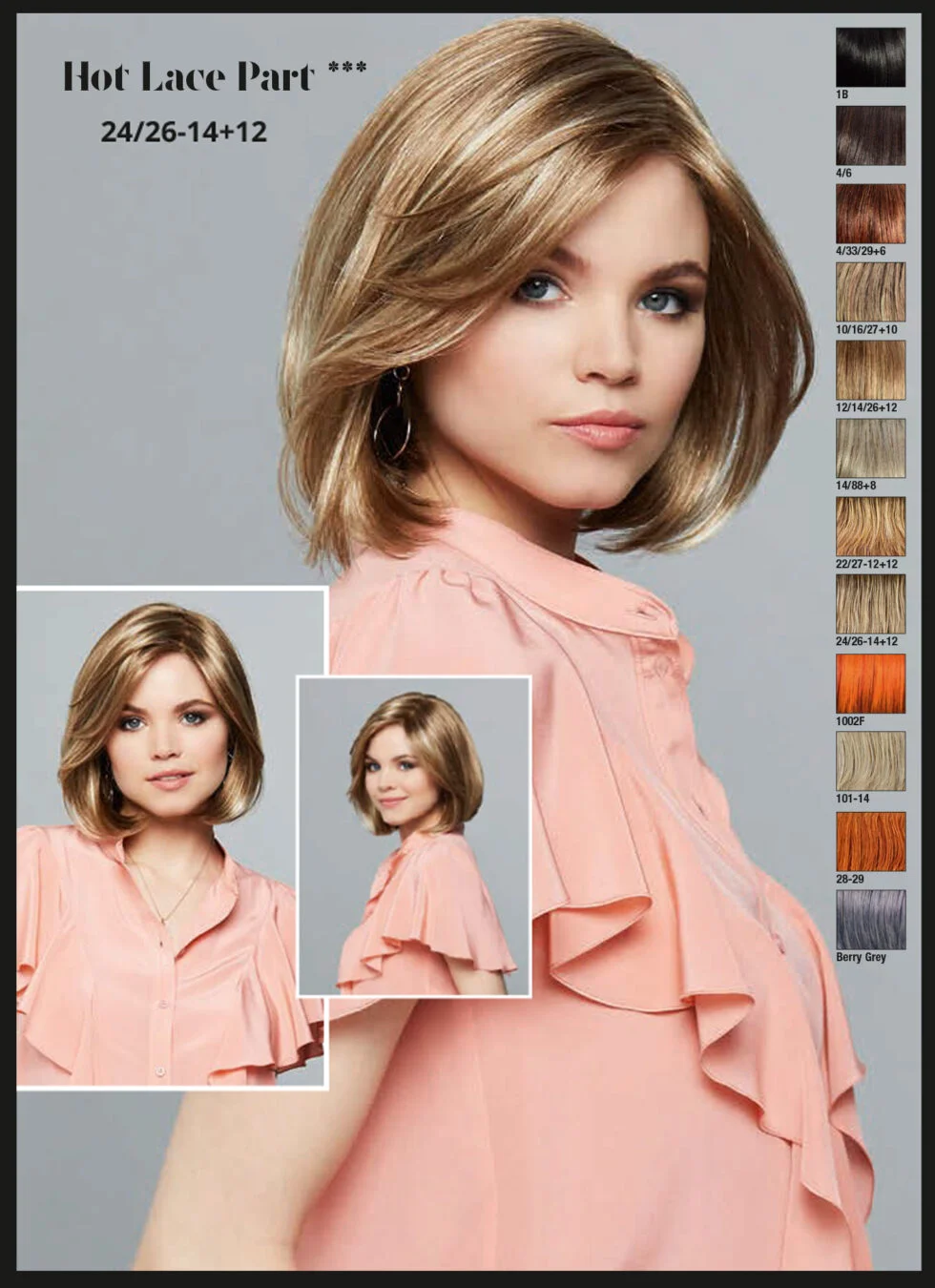 Perruque Hot Lace Part – carré mi-long blond méché, présentée avec son nuancier de coloris