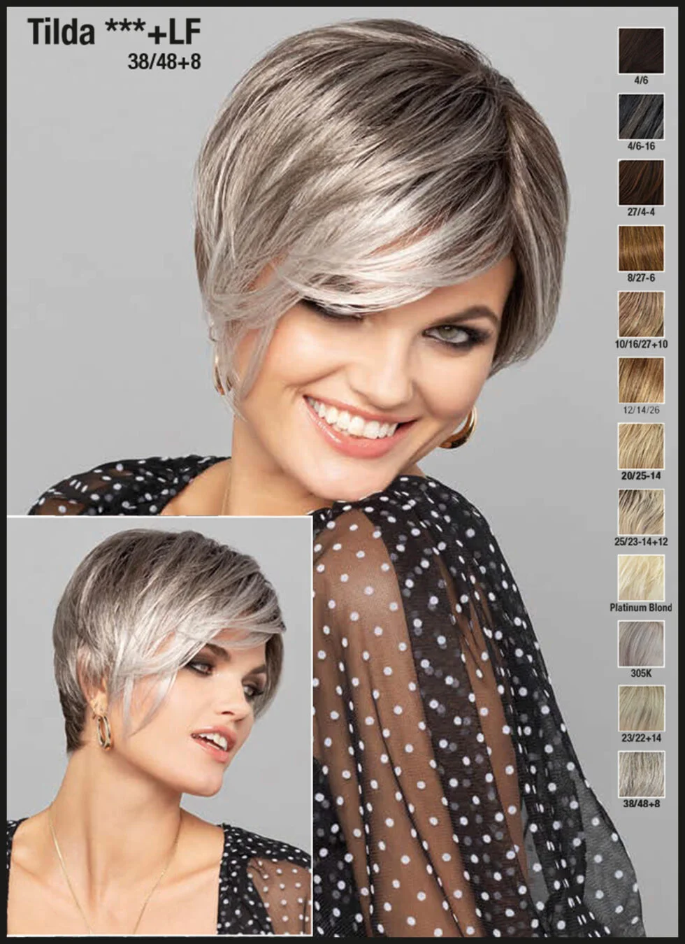 Perruque Tilda – modèle présenté avec son nuancier de coloris