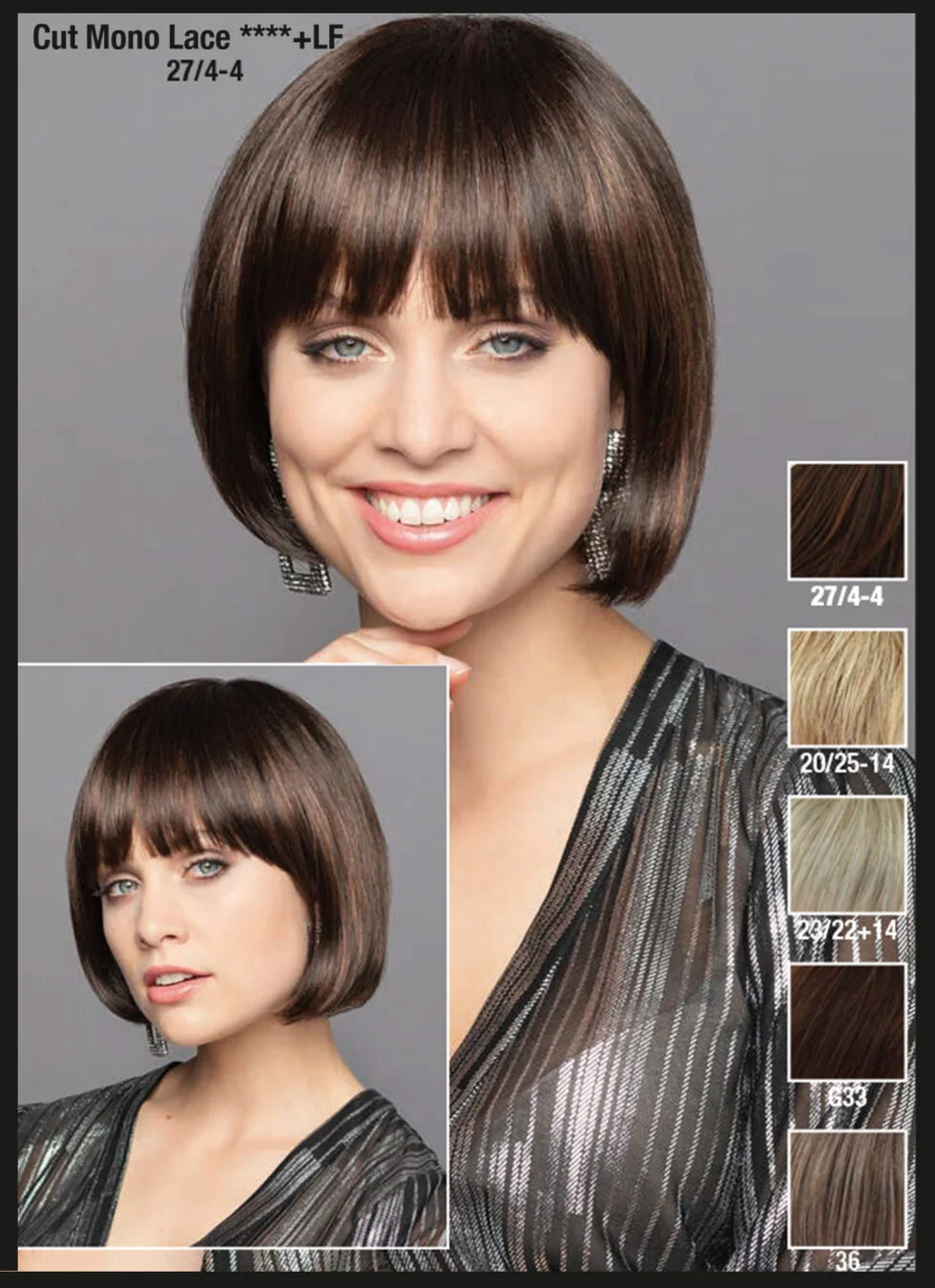 Perruque Cut Mono Lace – modèle présenté avec son nuancier de coloris